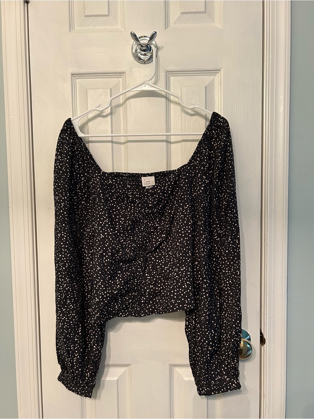 A New Day Women’s Black Off-Shoulder Long Sleeve Top with White Dot Print Size